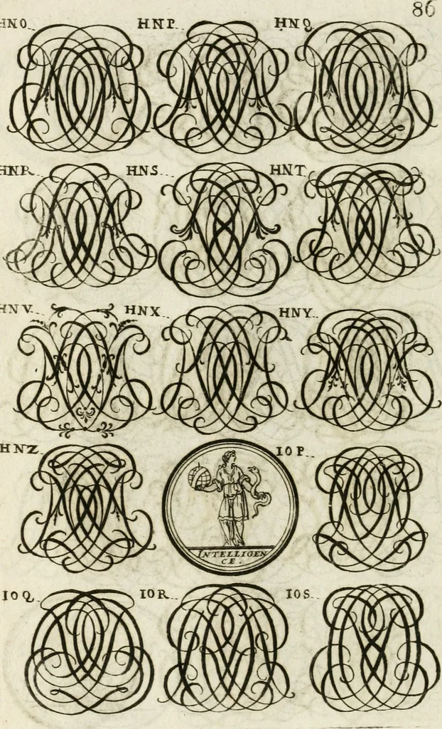 An illustration from Livre curieux et utile pour les sçavans et artistes : composé de trois alphabets de chiffres simples, doubles & triples, fleuronnez et au premier trait : accompagné d'un tres grand nombre de devises, emblêmes, médailles et autres figures hieroglyfiques : ensemble de plusieurs supports et cimiers pour les ornemens des armes : avec une table tres ample par le moyen de laquelle on trouvera facilement tous les noms imaginables, 1685, leaf 245