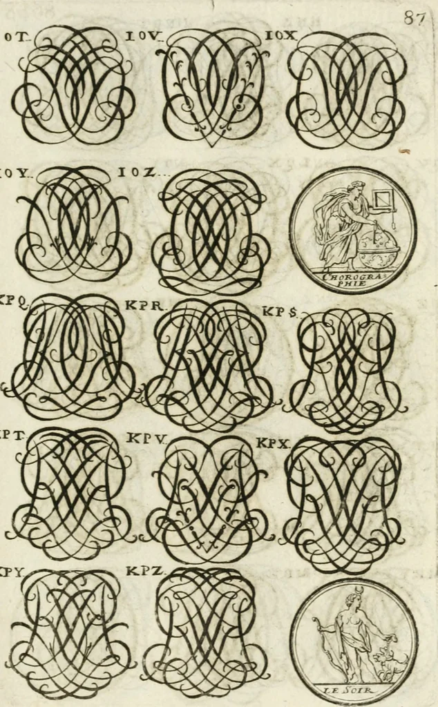 An illustration from Livre curieux et utile pour les sçavans et artistes : composé de trois alphabets de chiffres simples, doubles & triples, fleuronnez et au premier trait : accompagné d'un tres grand nombre de devises, emblêmes, médailles et autres figures hieroglyfiques : ensemble de plusieurs supports et cimiers pour les ornemens des armes : avec une table tres ample par le moyen de laquelle on trouvera facilement tous les noms imaginables, 1685, leaf 246