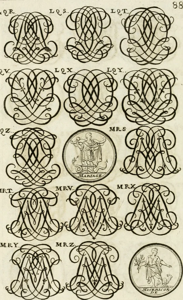 An illustration from Livre curieux et utile pour les sçavans et artistes : composé de trois alphabets de chiffres simples, doubles & triples, fleuronnez et au premier trait : accompagné d'un tres grand nombre de devises, emblêmes, médailles et autres figures hieroglyfiques : ensemble de plusieurs supports et cimiers pour les ornemens des armes : avec une table tres ample par le moyen de laquelle on trouvera facilement tous les noms imaginables, 1685, leaf 247
