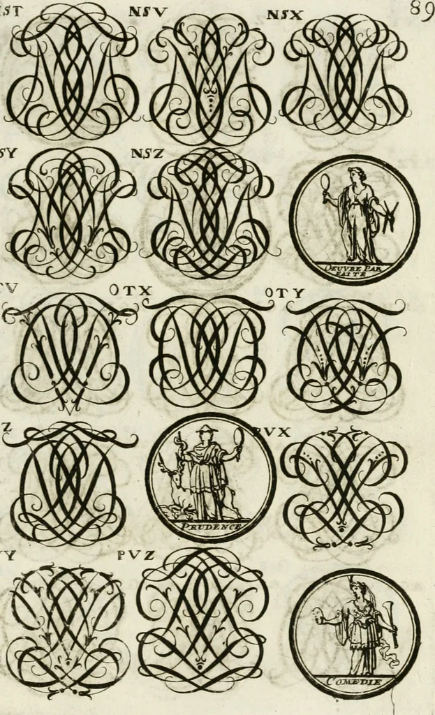 An illustration from Livre curieux et utile pour les sçavans et artistes : composé de trois alphabets de chiffres simples, doubles & triples, fleuronnez et au premier trait : accompagné d'un tres grand nombre de devises, emblêmes, médailles et autres figures hieroglyfiques : ensemble de plusieurs supports et cimiers pour les ornemens des armes : avec une table tres ample par le moyen de laquelle on trouvera facilement tous les noms imaginables, 1685, leaf 248