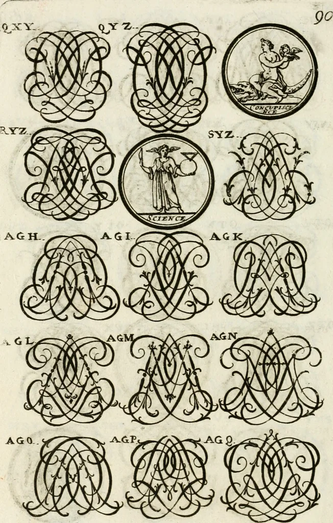 An illustration from Livre curieux et utile pour les sçavans et artistes : composé de trois alphabets de chiffres simples, doubles & triples, fleuronnez et au premier trait : accompagné d'un tres grand nombre de devises, emblêmes, médailles et autres figures hieroglyfiques : ensemble de plusieurs supports et cimiers pour les ornemens des armes : avec une table tres ample par le moyen de laquelle on trouvera facilement tous les noms imaginables, 1685, leaf 249