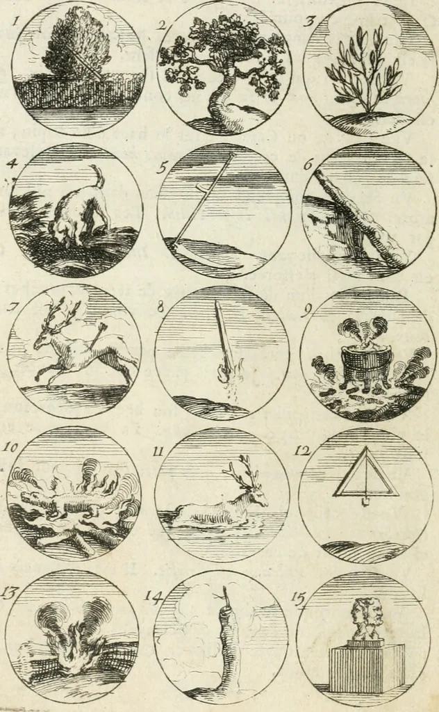 An illustration from Livre curieux et utile pour les sçavans et artistes : composé de trois alphabets de chiffres simples, doubles & triples, fleuronnez et au premier trait : accompagné d'un tres grand nombre de devises, emblêmes, médailles et autres figures hieroglyfiques : ensemble de plusieurs supports et cimiers pour les ornemens des armes : avec une table tres ample par le moyen de laquelle on trouvera facilement tous les noms imaginables, 1685, leaf 25