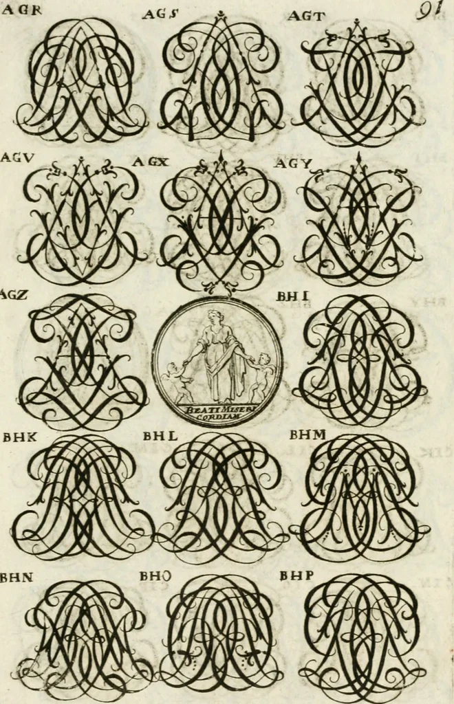 An illustration from Livre curieux et utile pour les sçavans et artistes : composé de trois alphabets de chiffres simples, doubles & triples, fleuronnez et au premier trait : accompagné d'un tres grand nombre de devises, emblêmes, médailles et autres figures hieroglyfiques : ensemble de plusieurs supports et cimiers pour les ornemens des armes : avec une table tres ample par le moyen de laquelle on trouvera facilement tous les noms imaginables, 1685, leaf 250