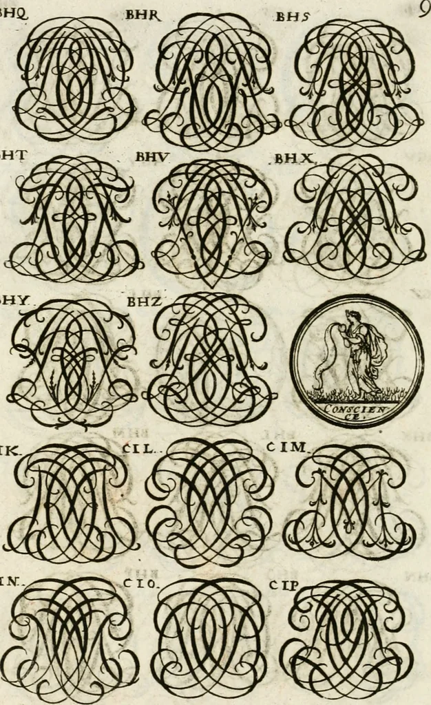 An illustration from Livre curieux et utile pour les sçavans et artistes : composé de trois alphabets de chiffres simples, doubles & triples, fleuronnez et au premier trait : accompagné d'un tres grand nombre de devises, emblêmes, médailles et autres figures hieroglyfiques : ensemble de plusieurs supports et cimiers pour les ornemens des armes : avec une table tres ample par le moyen de laquelle on trouvera facilement tous les noms imaginables, 1685, leaf 251