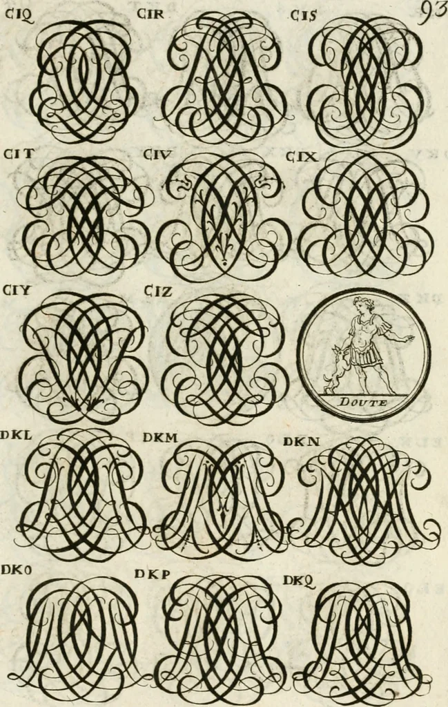 An illustration from Livre curieux et utile pour les sçavans et artistes : composé de trois alphabets de chiffres simples, doubles & triples, fleuronnez et au premier trait : accompagné d'un tres grand nombre de devises, emblêmes, médailles et autres figures hieroglyfiques : ensemble de plusieurs supports et cimiers pour les ornemens des armes : avec une table tres ample par le moyen de laquelle on trouvera facilement tous les noms imaginables, 1685, leaf 252