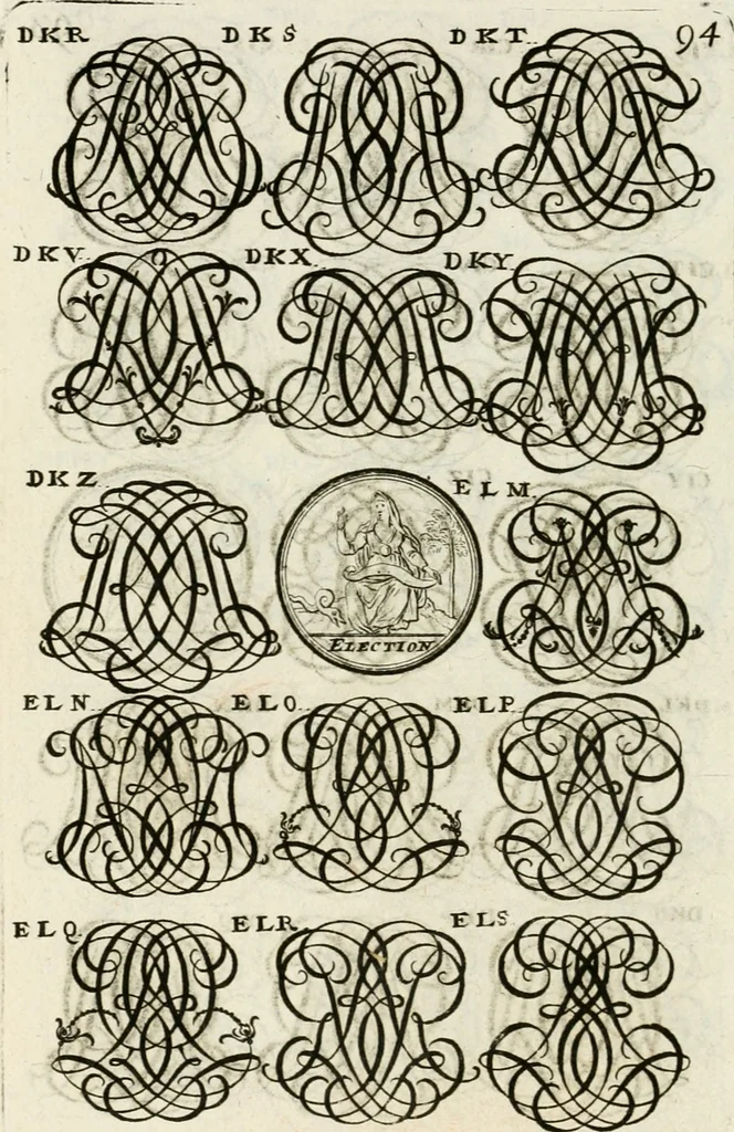An illustration from Livre curieux et utile pour les sçavans et artistes : composé de trois alphabets de chiffres simples, doubles & triples, fleuronnez et au premier trait : accompagné d'un tres grand nombre de devises, emblêmes, médailles et autres figures hieroglyfiques : ensemble de plusieurs supports et cimiers pour les ornemens des armes : avec une table tres ample par le moyen de laquelle on trouvera facilement tous les noms imaginables, 1685, leaf 253