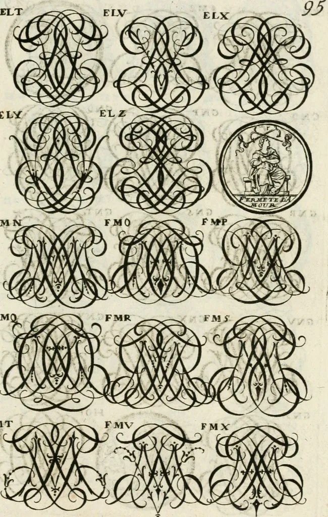 An illustration from Livre curieux et utile pour les sçavans et artistes : composé de trois alphabets de chiffres simples, doubles & triples, fleuronnez et au premier trait : accompagné d'un tres grand nombre de devises, emblêmes, médailles et autres figures hieroglyfiques : ensemble de plusieurs supports et cimiers pour les ornemens des armes : avec une table tres ample par le moyen de laquelle on trouvera facilement tous les noms imaginables, 1685, leaf 254