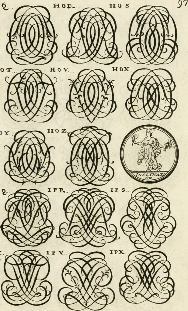 An illustration from Livre curieux et utile pour les sçavans et artistes : composé de trois alphabets de chiffres simples, doubles & triples, fleuronnez et au premier trait : accompagné d'un tres grand nombre de devises, emblêmes, médailles et autres figures hieroglyfiques : ensemble de plusieurs supports et cimiers pour les ornemens des armes : avec une table tres ample par le moyen de laquelle on trouvera facilement tous les noms imaginables, 1685, leaf 256