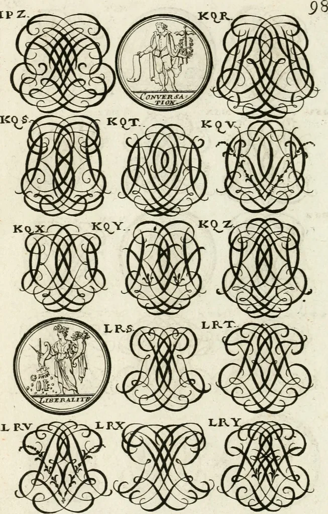 An illustration from Livre curieux et utile pour les sçavans et artistes : composé de trois alphabets de chiffres simples, doubles & triples, fleuronnez et au premier trait : accompagné d'un tres grand nombre de devises, emblêmes, médailles et autres figures hieroglyfiques : ensemble de plusieurs supports et cimiers pour les ornemens des armes : avec une table tres ample par le moyen de laquelle on trouvera facilement tous les noms imaginables, 1685, leaf 257