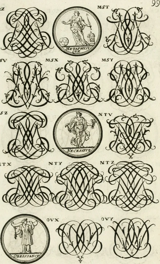 An illustration from Livre curieux et utile pour les sçavans et artistes : composé de trois alphabets de chiffres simples, doubles & triples, fleuronnez et au premier trait : accompagné d'un tres grand nombre de devises, emblêmes, médailles et autres figures hieroglyfiques : ensemble de plusieurs supports et cimiers pour les ornemens des armes : avec une table tres ample par le moyen de laquelle on trouvera facilement tous les noms imaginables, 1685, leaf 258