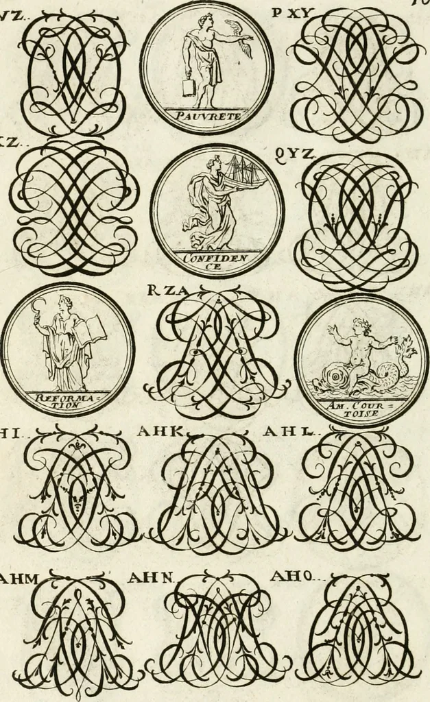 An illustration from Livre curieux et utile pour les sçavans et artistes : composé de trois alphabets de chiffres simples, doubles & triples, fleuronnez et au premier trait : accompagné d'un tres grand nombre de devises, emblêmes, médailles et autres figures hieroglyfiques : ensemble de plusieurs supports et cimiers pour les ornemens des armes : avec une table tres ample par le moyen de laquelle on trouvera facilement tous les noms imaginables, 1685, leaf 259