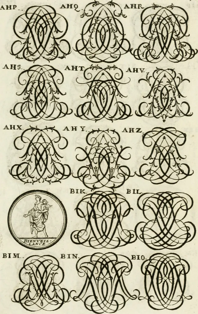 An illustration from Livre curieux et utile pour les sçavans et artistes : composé de trois alphabets de chiffres simples, doubles & triples, fleuronnez et au premier trait : accompagné d'un tres grand nombre de devises, emblêmes, médailles et autres figures hieroglyfiques : ensemble de plusieurs supports et cimiers pour les ornemens des armes : avec une table tres ample par le moyen de laquelle on trouvera facilement tous les noms imaginables, 1685, leaf 260