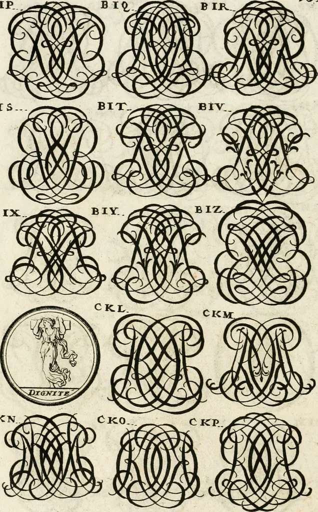 An illustration from Livre curieux et utile pour les sçavans et artistes : composé de trois alphabets de chiffres simples, doubles & triples, fleuronnez et au premier trait : accompagné d'un tres grand nombre de devises, emblêmes, médailles et autres figures hieroglyfiques : ensemble de plusieurs supports et cimiers pour les ornemens des armes : avec une table tres ample par le moyen de laquelle on trouvera facilement tous les noms imaginables, 1685, leaf 261