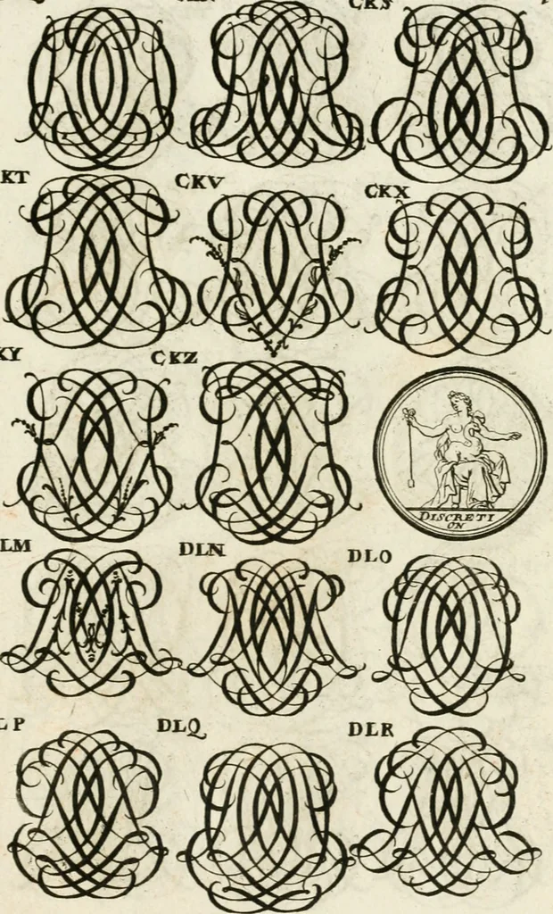 An illustration from Livre curieux et utile pour les sçavans et artistes : composé de trois alphabets de chiffres simples, doubles & triples, fleuronnez et au premier trait : accompagné d'un tres grand nombre de devises, emblêmes, médailles et autres figures hieroglyfiques : ensemble de plusieurs supports et cimiers pour les ornemens des armes : avec une table tres ample par le moyen de laquelle on trouvera facilement tous les noms imaginables, 1685, leaf 262