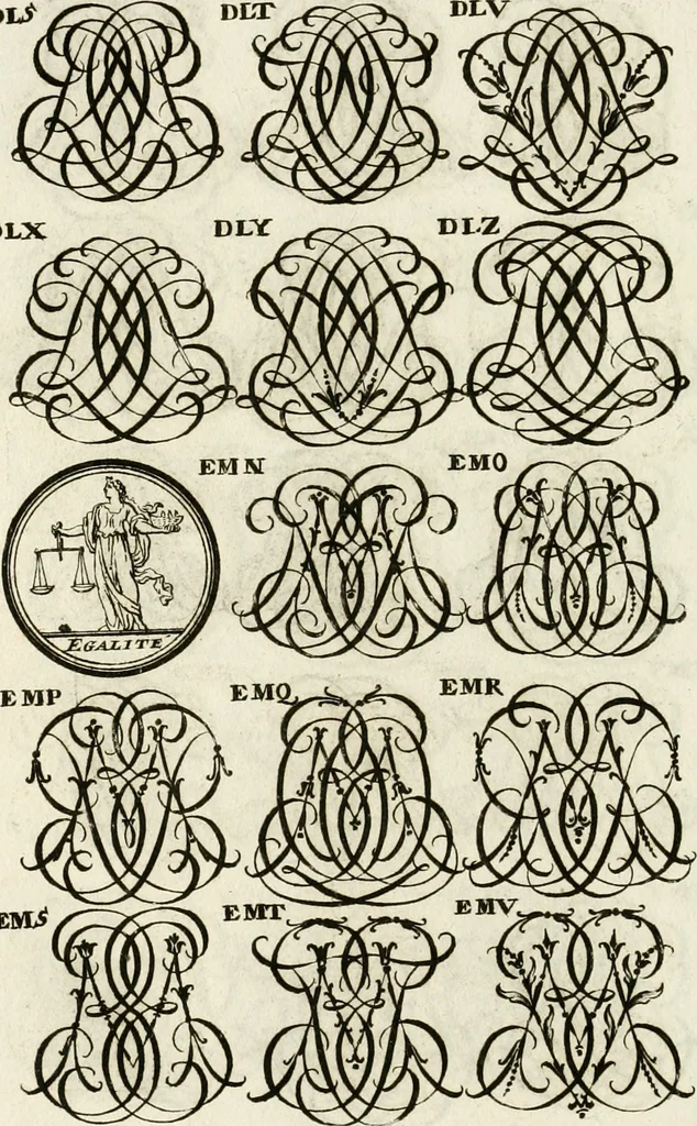 An illustration from Livre curieux et utile pour les sçavans et artistes : composé de trois alphabets de chiffres simples, doubles & triples, fleuronnez et au premier trait : accompagné d'un tres grand nombre de devises, emblêmes, médailles et autres figures hieroglyfiques : ensemble de plusieurs supports et cimiers pour les ornemens des armes : avec une table tres ample par le moyen de laquelle on trouvera facilement tous les noms imaginables, 1685, leaf 263