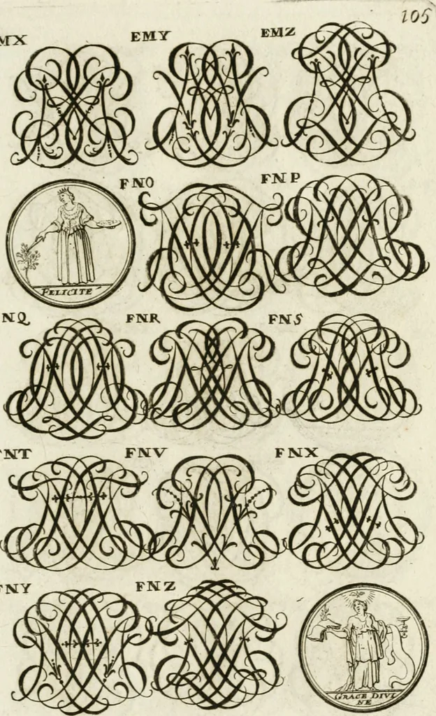 An illustration from Livre curieux et utile pour les sçavans et artistes : composé de trois alphabets de chiffres simples, doubles & triples, fleuronnez et au premier trait : accompagné d'un tres grand nombre de devises, emblêmes, médailles et autres figures hieroglyfiques : ensemble de plusieurs supports et cimiers pour les ornemens des armes : avec une table tres ample par le moyen de laquelle on trouvera facilement tous les noms imaginables, 1685, leaf 264