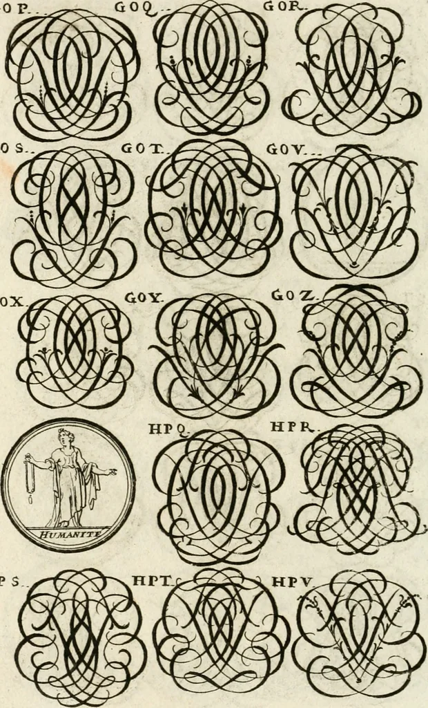 An illustration from Livre curieux et utile pour les sçavans et artistes : composé de trois alphabets de chiffres simples, doubles & triples, fleuronnez et au premier trait : accompagné d'un tres grand nombre de devises, emblêmes, médailles et autres figures hieroglyfiques : ensemble de plusieurs supports et cimiers pour les ornemens des armes : avec une table tres ample par le moyen de laquelle on trouvera facilement tous les noms imaginables, 1685, leaf 265