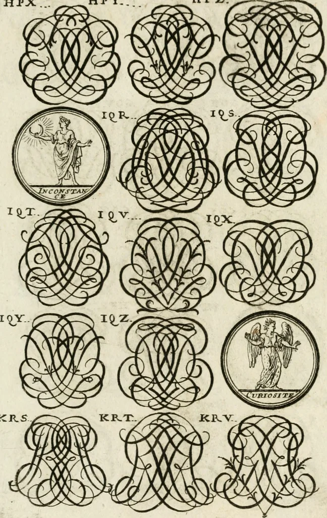 An illustration from Livre curieux et utile pour les sçavans et artistes : composé de trois alphabets de chiffres simples, doubles & triples, fleuronnez et au premier trait : accompagné d'un tres grand nombre de devises, emblêmes, médailles et autres figures hieroglyfiques : ensemble de plusieurs supports et cimiers pour les ornemens des armes : avec une table tres ample par le moyen de laquelle on trouvera facilement tous les noms imaginables, 1685, leaf 266