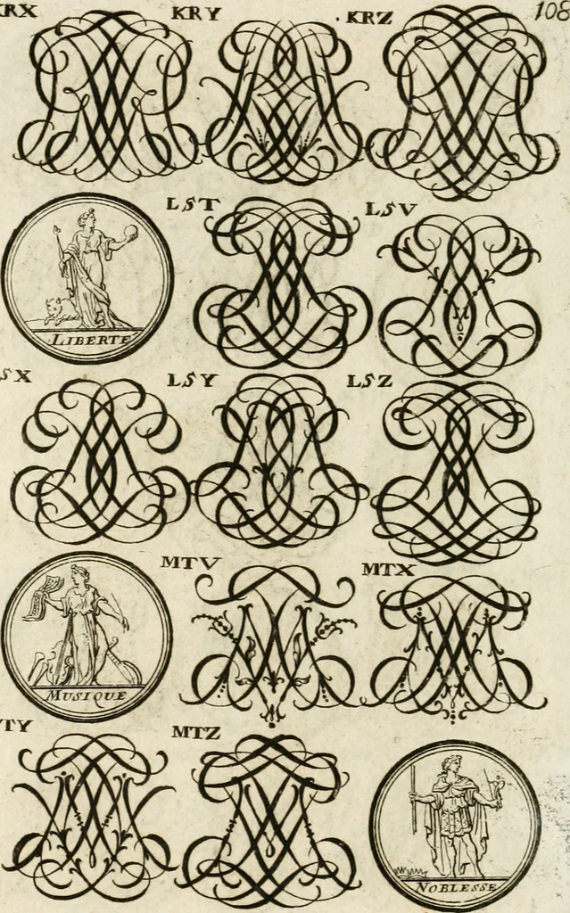 An illustration from Livre curieux et utile pour les sçavans et artistes : composé de trois alphabets de chiffres simples, doubles & triples, fleuronnez et au premier trait : accompagné d'un tres grand nombre de devises, emblêmes, médailles et autres figures hieroglyfiques : ensemble de plusieurs supports et cimiers pour les ornemens des armes : avec une table tres ample par le moyen de laquelle on trouvera facilement tous les noms imaginables, 1685, leaf 267
