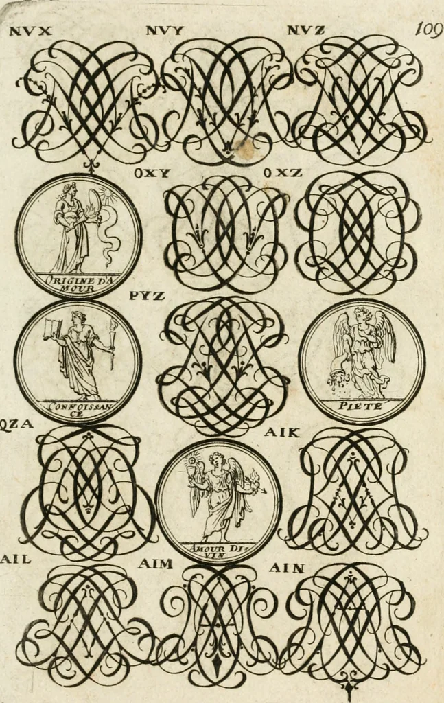 An illustration from Livre curieux et utile pour les sçavans et artistes : composé de trois alphabets de chiffres simples, doubles & triples, fleuronnez et au premier trait : accompagné d'un tres grand nombre de devises, emblêmes, médailles et autres figures hieroglyfiques : ensemble de plusieurs supports et cimiers pour les ornemens des armes : avec une table tres ample par le moyen de laquelle on trouvera facilement tous les noms imaginables, 1685, leaf 268