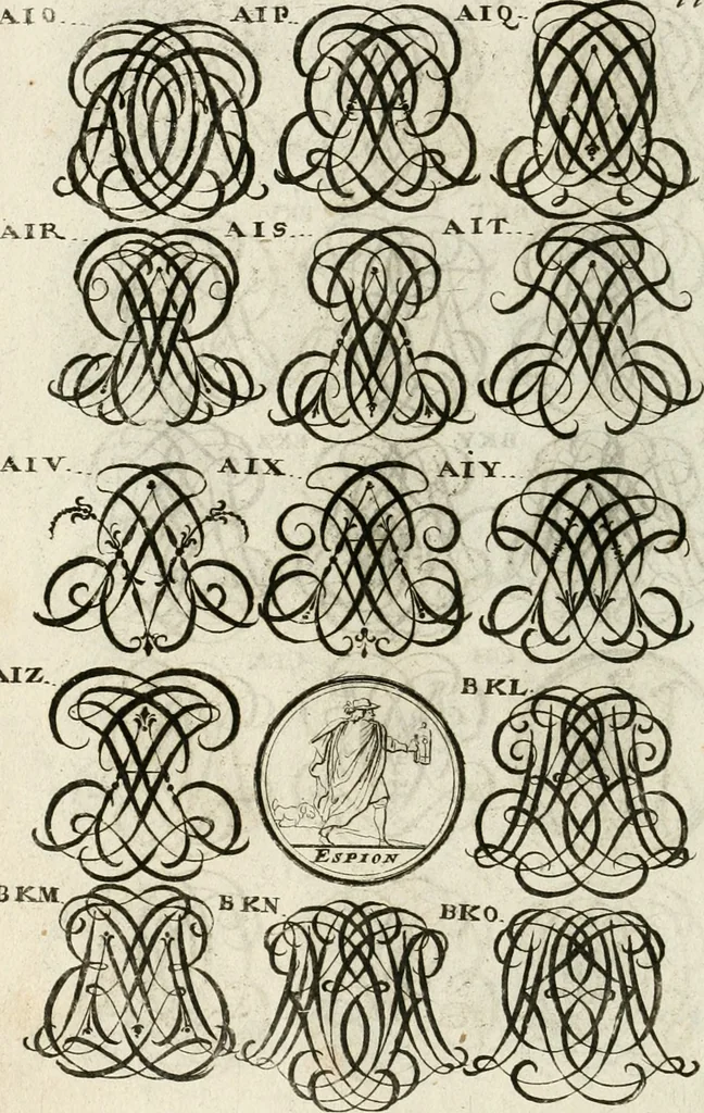An illustration from Livre curieux et utile pour les sçavans et artistes : composé de trois alphabets de chiffres simples, doubles & triples, fleuronnez et au premier trait : accompagné d'un tres grand nombre de devises, emblêmes, médailles et autres figures hieroglyfiques : ensemble de plusieurs supports et cimiers pour les ornemens des armes : avec une table tres ample par le moyen de laquelle on trouvera facilement tous les noms imaginables, 1685, leaf 269