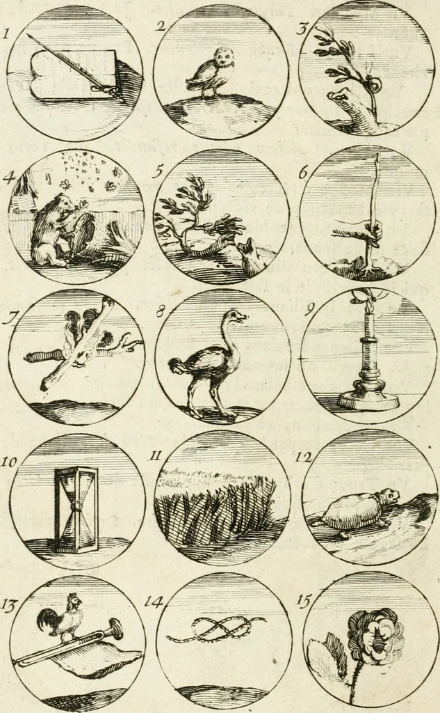 An illustration from Livre curieux et utile pour les sçavans et artistes : composé de trois alphabets de chiffres simples, doubles & triples, fleuronnez et au premier trait : accompagné d'un tres grand nombre de devises, emblêmes, médailles et autres figures hieroglyfiques : ensemble de plusieurs supports et cimiers pour les ornemens des armes : avec une table tres ample par le moyen de laquelle on trouvera facilement tous les noms imaginables, 1685, leaf 27