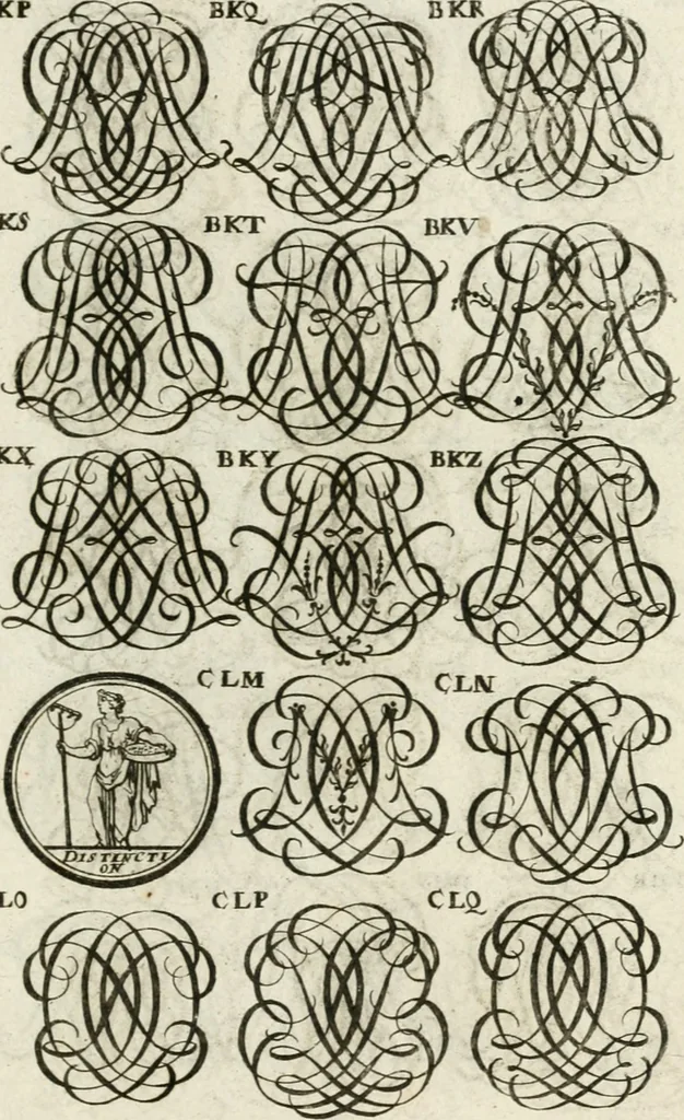An illustration from Livre curieux et utile pour les sçavans et artistes : composé de trois alphabets de chiffres simples, doubles & triples, fleuronnez et au premier trait : accompagné d'un tres grand nombre de devises, emblêmes, médailles et autres figures hieroglyfiques : ensemble de plusieurs supports et cimiers pour les ornemens des armes : avec une table tres ample par le moyen de laquelle on trouvera facilement tous les noms imaginables, 1685, leaf 270