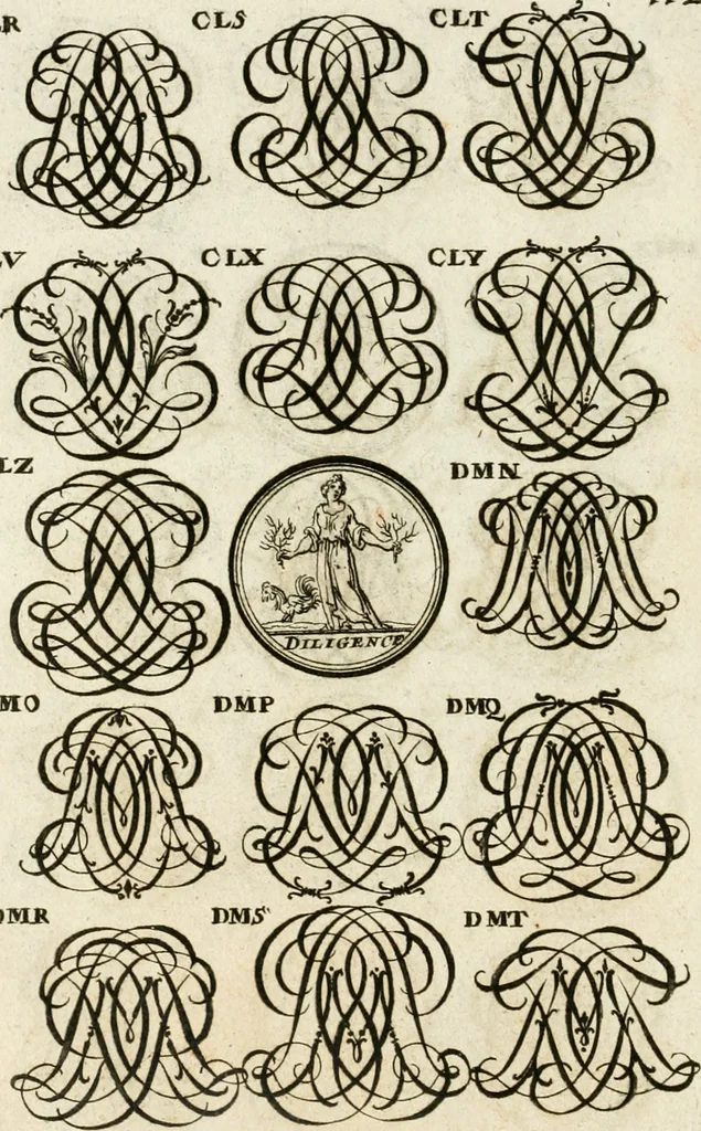 An illustration from Livre curieux et utile pour les sçavans et artistes : composé de trois alphabets de chiffres simples, doubles & triples, fleuronnez et au premier trait : accompagné d'un tres grand nombre de devises, emblêmes, médailles et autres figures hieroglyfiques : ensemble de plusieurs supports et cimiers pour les ornemens des armes : avec une table tres ample par le moyen de laquelle on trouvera facilement tous les noms imaginables, 1685, leaf 271