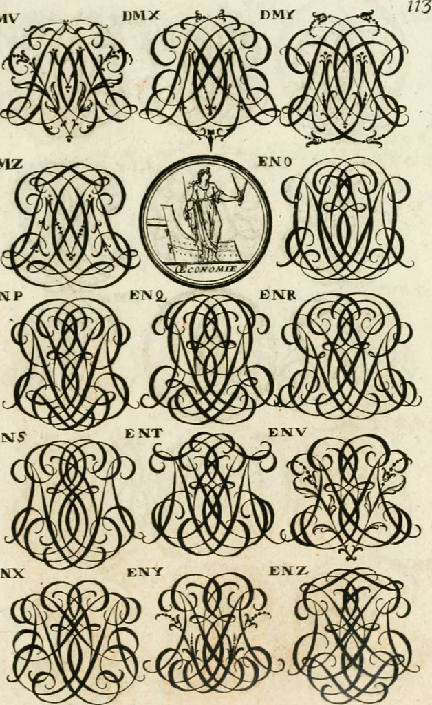 An illustration from Livre curieux et utile pour les sçavans et artistes : composé de trois alphabets de chiffres simples, doubles & triples, fleuronnez et au premier trait : accompagné d'un tres grand nombre de devises, emblêmes, médailles et autres figures hieroglyfiques : ensemble de plusieurs supports et cimiers pour les ornemens des armes : avec une table tres ample par le moyen de laquelle on trouvera facilement tous les noms imaginables, 1685, leaf 272