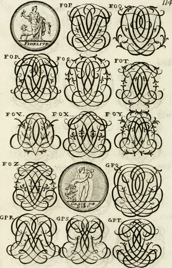 An illustration from Livre curieux et utile pour les sçavans et artistes : composé de trois alphabets de chiffres simples, doubles & triples, fleuronnez et au premier trait : accompagné d'un tres grand nombre de devises, emblêmes, médailles et autres figures hieroglyfiques : ensemble de plusieurs supports et cimiers pour les ornemens des armes : avec une table tres ample par le moyen de laquelle on trouvera facilement tous les noms imaginables, 1685, leaf 273