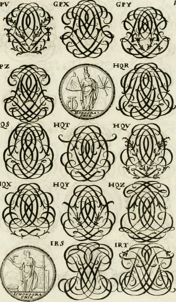 An illustration from Livre curieux et utile pour les sçavans et artistes : composé de trois alphabets de chiffres simples, doubles & triples, fleuronnez et au premier trait : accompagné d'un tres grand nombre de devises, emblêmes, médailles et autres figures hieroglyfiques : ensemble de plusieurs supports et cimiers pour les ornemens des armes : avec une table tres ample par le moyen de laquelle on trouvera facilement tous les noms imaginables, 1685, leaf 274