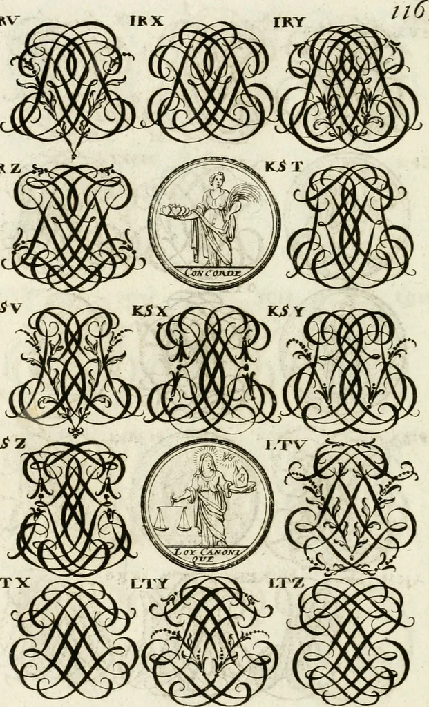 An illustration from Livre curieux et utile pour les sçavans et artistes : composé de trois alphabets de chiffres simples, doubles & triples, fleuronnez et au premier trait : accompagné d'un tres grand nombre de devises, emblêmes, médailles et autres figures hieroglyfiques : ensemble de plusieurs supports et cimiers pour les ornemens des armes : avec une table tres ample par le moyen de laquelle on trouvera facilement tous les noms imaginables, 1685, leaf 275