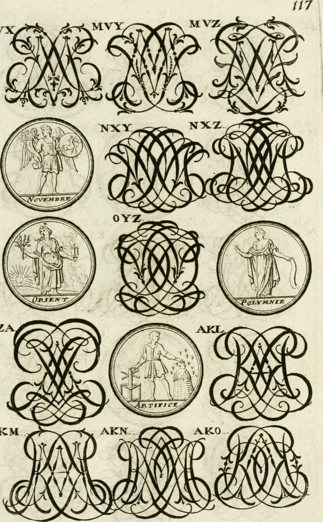An illustration from Livre curieux et utile pour les sçavans et artistes : composé de trois alphabets de chiffres simples, doubles & triples, fleuronnez et au premier trait : accompagné d'un tres grand nombre de devises, emblêmes, médailles et autres figures hieroglyfiques : ensemble de plusieurs supports et cimiers pour les ornemens des armes : avec une table tres ample par le moyen de laquelle on trouvera facilement tous les noms imaginables, 1685, leaf 276