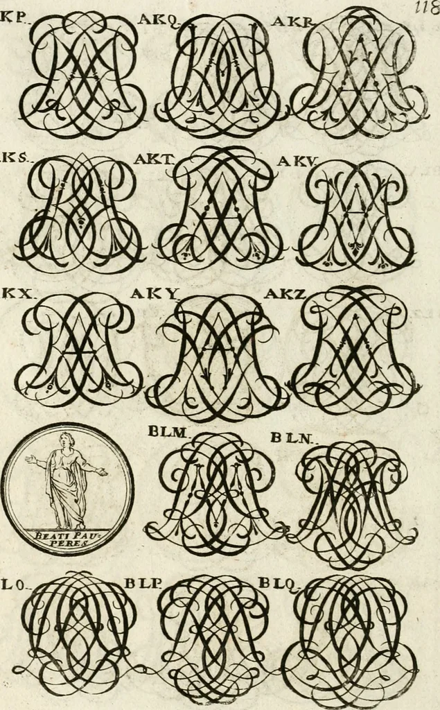 An illustration from Livre curieux et utile pour les sçavans et artistes : composé de trois alphabets de chiffres simples, doubles & triples, fleuronnez et au premier trait : accompagné d'un tres grand nombre de devises, emblêmes, médailles et autres figures hieroglyfiques : ensemble de plusieurs supports et cimiers pour les ornemens des armes : avec une table tres ample par le moyen de laquelle on trouvera facilement tous les noms imaginables, 1685, leaf 277