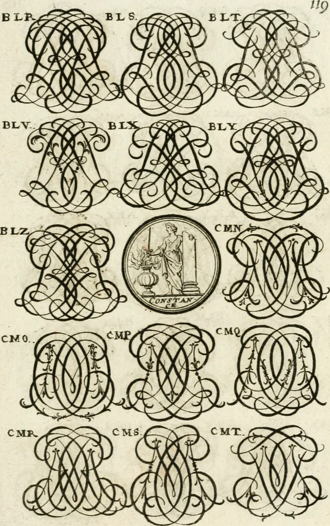 An illustration from Livre curieux et utile pour les sçavans et artistes : composé de trois alphabets de chiffres simples, doubles & triples, fleuronnez et au premier trait : accompagné d'un tres grand nombre de devises, emblêmes, médailles et autres figures hieroglyfiques : ensemble de plusieurs supports et cimiers pour les ornemens des armes : avec une table tres ample par le moyen de laquelle on trouvera facilement tous les noms imaginables, 1685, leaf 278