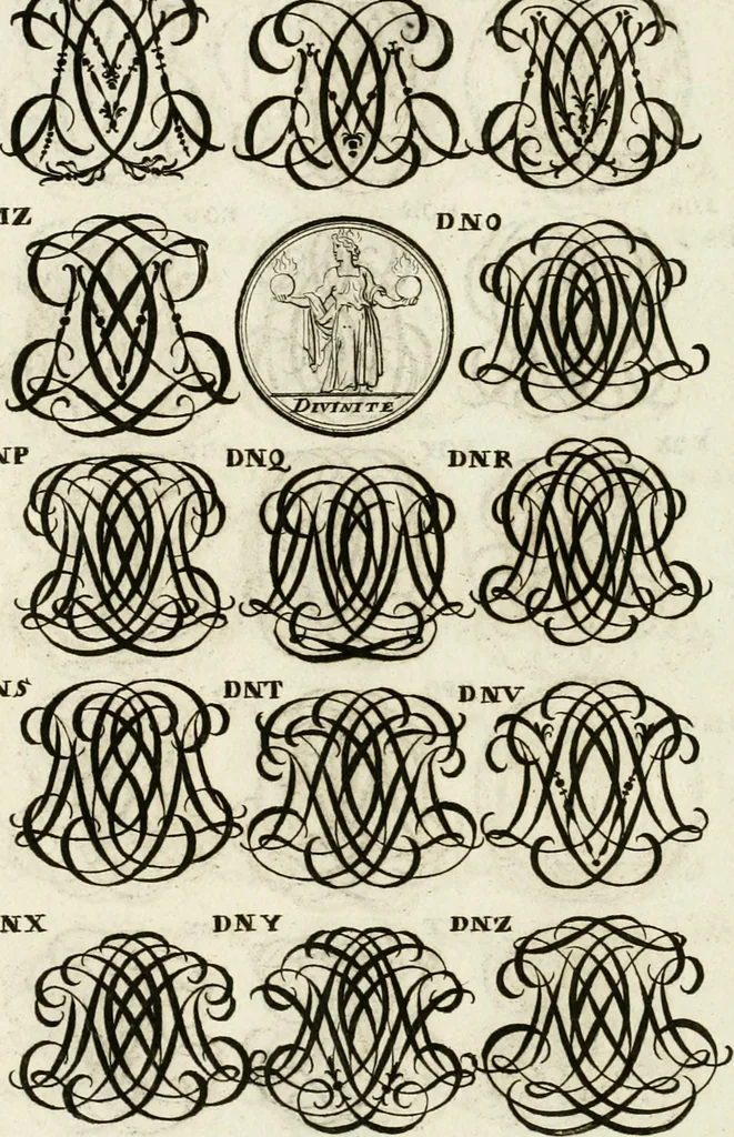 An illustration from Livre curieux et utile pour les sçavans et artistes : composé de trois alphabets de chiffres simples, doubles & triples, fleuronnez et au premier trait : accompagné d'un tres grand nombre de devises, emblêmes, médailles et autres figures hieroglyfiques : ensemble de plusieurs supports et cimiers pour les ornemens des armes : avec une table tres ample par le moyen de laquelle on trouvera facilement tous les noms imaginables, 1685, leaf 279