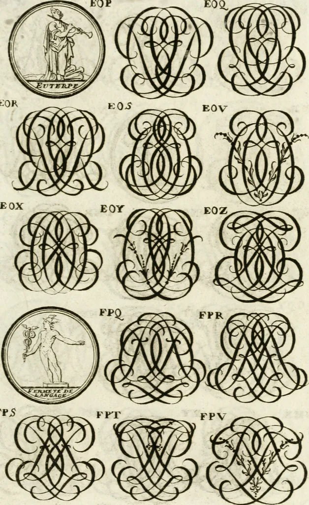 An illustration from Livre curieux et utile pour les sçavans et artistes : composé de trois alphabets de chiffres simples, doubles & triples, fleuronnez et au premier trait : accompagné d'un tres grand nombre de devises, emblêmes, médailles et autres figures hieroglyfiques : ensemble de plusieurs supports et cimiers pour les ornemens des armes : avec une table tres ample par le moyen de laquelle on trouvera facilement tous les noms imaginables, 1685, leaf 280
