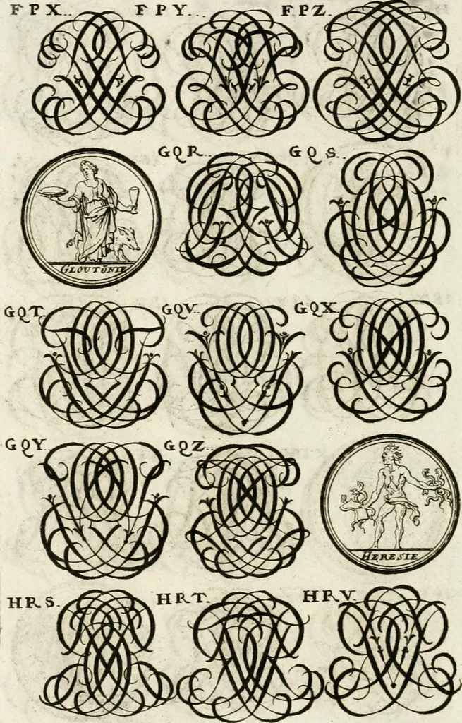An illustration from Livre curieux et utile pour les sçavans et artistes : composé de trois alphabets de chiffres simples, doubles & triples, fleuronnez et au premier trait : accompagné d'un tres grand nombre de devises, emblêmes, médailles et autres figures hieroglyfiques : ensemble de plusieurs supports et cimiers pour les ornemens des armes : avec une table tres ample par le moyen de laquelle on trouvera facilement tous les noms imaginables, 1685, leaf 281