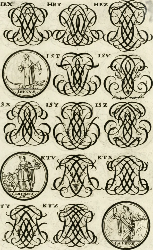 An illustration from Livre curieux et utile pour les sçavans et artistes : composé de trois alphabets de chiffres simples, doubles & triples, fleuronnez et au premier trait : accompagné d'un tres grand nombre de devises, emblêmes, médailles et autres figures hieroglyfiques : ensemble de plusieurs supports et cimiers pour les ornemens des armes : avec une table tres ample par le moyen de laquelle on trouvera facilement tous les noms imaginables, 1685, leaf 282