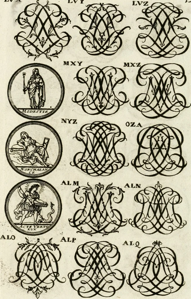 An illustration from Livre curieux et utile pour les sçavans et artistes : composé de trois alphabets de chiffres simples, doubles & triples, fleuronnez et au premier trait : accompagné d'un tres grand nombre de devises, emblêmes, médailles et autres figures hieroglyfiques : ensemble de plusieurs supports et cimiers pour les ornemens des armes : avec une table tres ample par le moyen de laquelle on trouvera facilement tous les noms imaginables, 1685, leaf 283