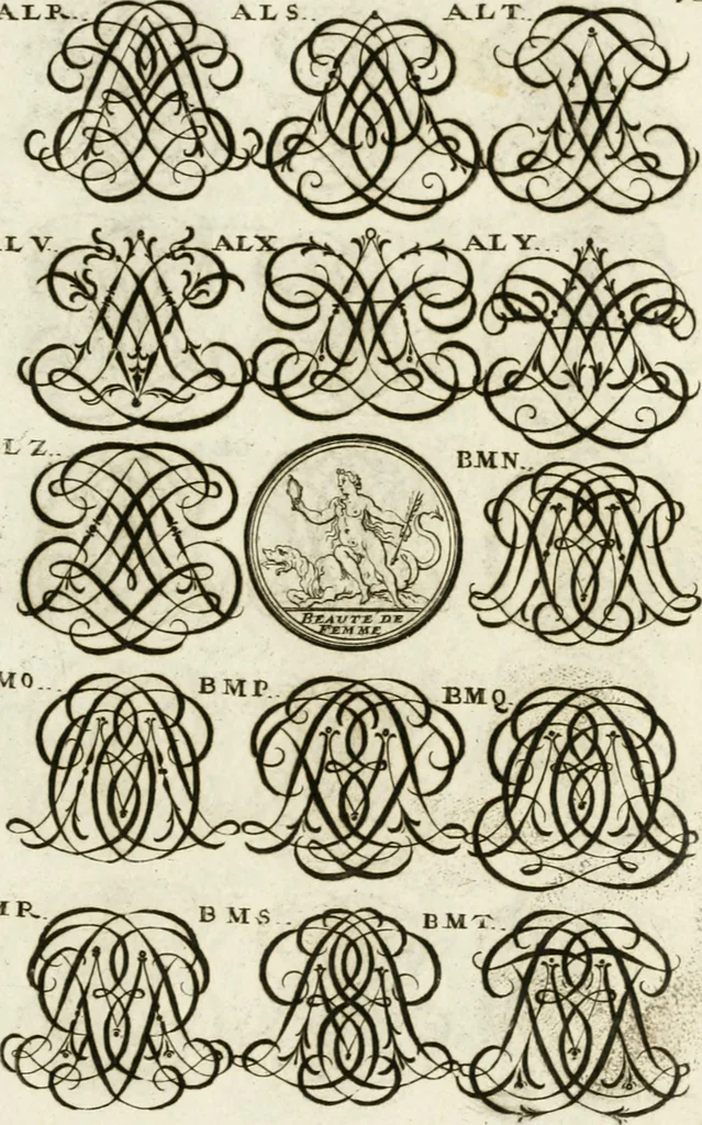 An illustration from Livre curieux et utile pour les sçavans et artistes : composé de trois alphabets de chiffres simples, doubles & triples, fleuronnez et au premier trait : accompagné d'un tres grand nombre de devises, emblêmes, médailles et autres figures hieroglyfiques : ensemble de plusieurs supports et cimiers pour les ornemens des armes : avec une table tres ample par le moyen de laquelle on trouvera facilement tous les noms imaginables, 1685, leaf 284