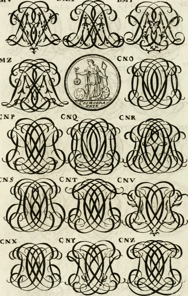An illustration from Livre curieux et utile pour les sçavans et artistes : composé de trois alphabets de chiffres simples, doubles & triples, fleuronnez et au premier trait : accompagné d'un tres grand nombre de devises, emblêmes, médailles et autres figures hieroglyfiques : ensemble de plusieurs supports et cimiers pour les ornemens des armes : avec une table tres ample par le moyen de laquelle on trouvera facilement tous les noms imaginables, 1685, leaf 285