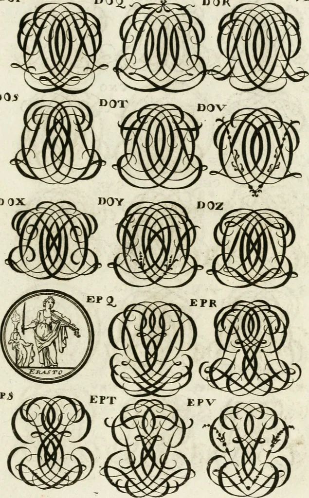 An illustration from Livre curieux et utile pour les sçavans et artistes : composé de trois alphabets de chiffres simples, doubles & triples, fleuronnez et au premier trait : accompagné d'un tres grand nombre de devises, emblêmes, médailles et autres figures hieroglyfiques : ensemble de plusieurs supports et cimiers pour les ornemens des armes : avec une table tres ample par le moyen de laquelle on trouvera facilement tous les noms imaginables, 1685, leaf 286