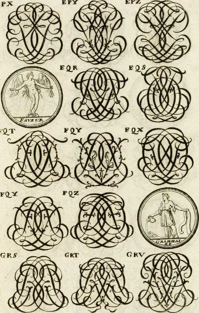 An illustration from Livre curieux et utile pour les sçavans et artistes : composé de trois alphabets de chiffres simples, doubles & triples, fleuronnez et au premier trait : accompagné d'un tres grand nombre de devises, emblêmes, médailles et autres figures hieroglyfiques : ensemble de plusieurs supports et cimiers pour les ornemens des armes : avec une table tres ample par le moyen de laquelle on trouvera facilement tous les noms imaginables, 1685, leaf 287