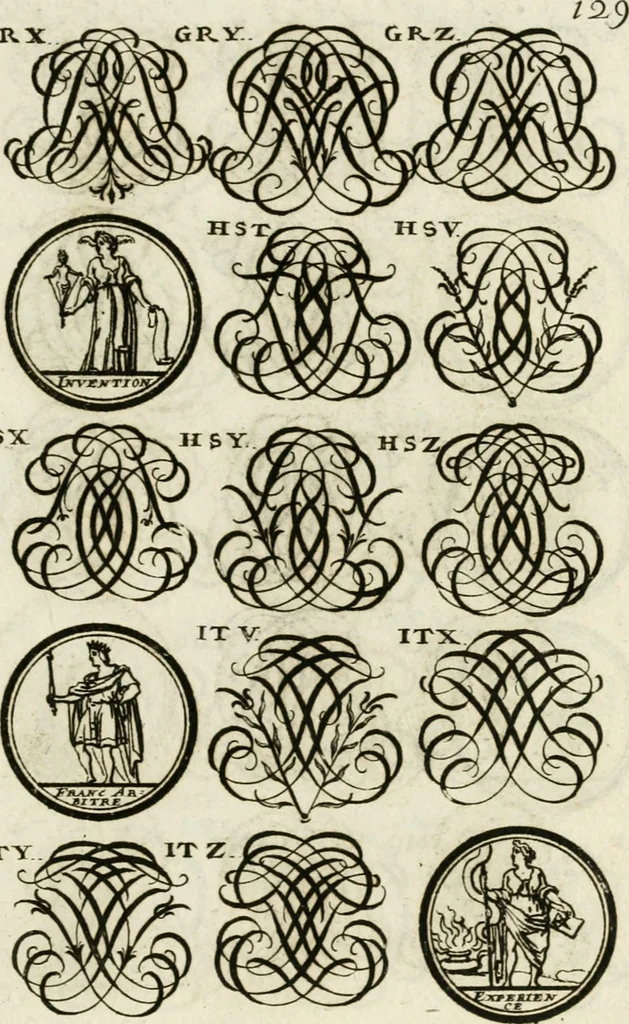 An illustration from Livre curieux et utile pour les sçavans et artistes : composé de trois alphabets de chiffres simples, doubles & triples, fleuronnez et au premier trait : accompagné d'un tres grand nombre de devises, emblêmes, médailles et autres figures hieroglyfiques : ensemble de plusieurs supports et cimiers pour les ornemens des armes : avec une table tres ample par le moyen de laquelle on trouvera facilement tous les noms imaginables, 1685, leaf 288