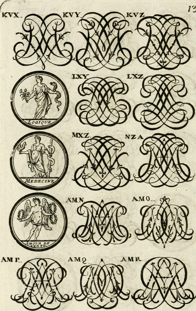 An illustration from Livre curieux et utile pour les sçavans et artistes : composé de trois alphabets de chiffres simples, doubles & triples, fleuronnez et au premier trait : accompagné d'un tres grand nombre de devises, emblêmes, médailles et autres figures hieroglyfiques : ensemble de plusieurs supports et cimiers pour les ornemens des armes : avec une table tres ample par le moyen de laquelle on trouvera facilement tous les noms imaginables, 1685, leaf 289