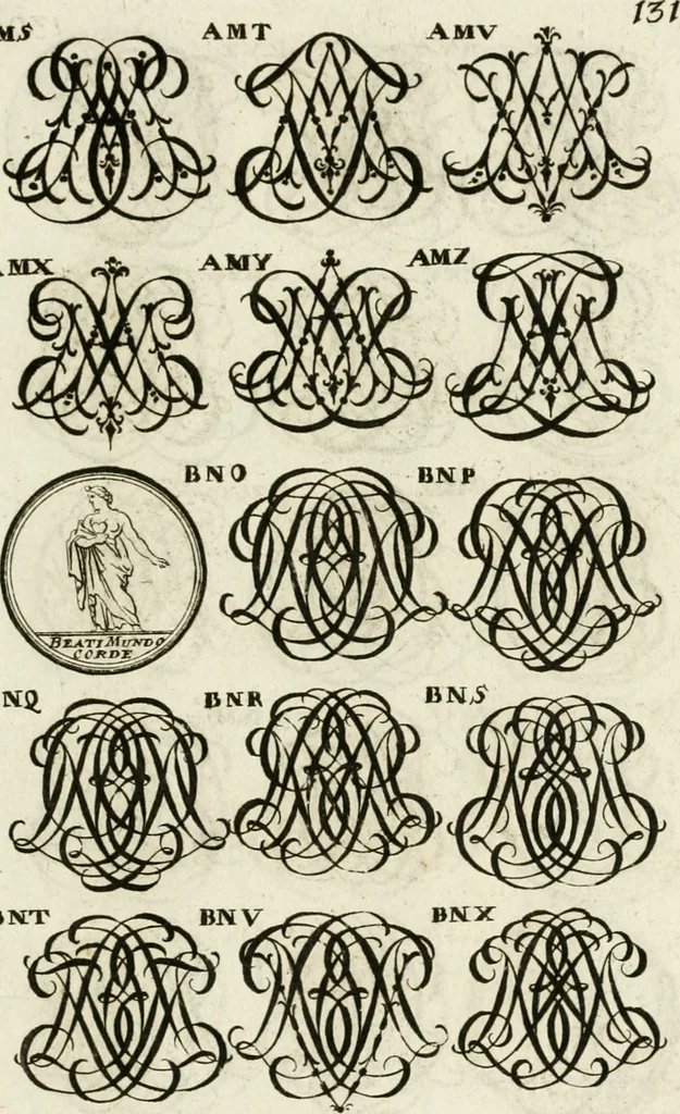 An illustration from Livre curieux et utile pour les sçavans et artistes : composé de trois alphabets de chiffres simples, doubles & triples, fleuronnez et au premier trait : accompagné d'un tres grand nombre de devises, emblêmes, médailles et autres figures hieroglyfiques : ensemble de plusieurs supports et cimiers pour les ornemens des armes : avec une table tres ample par le moyen de laquelle on trouvera facilement tous les noms imaginables, 1685, leaf 290