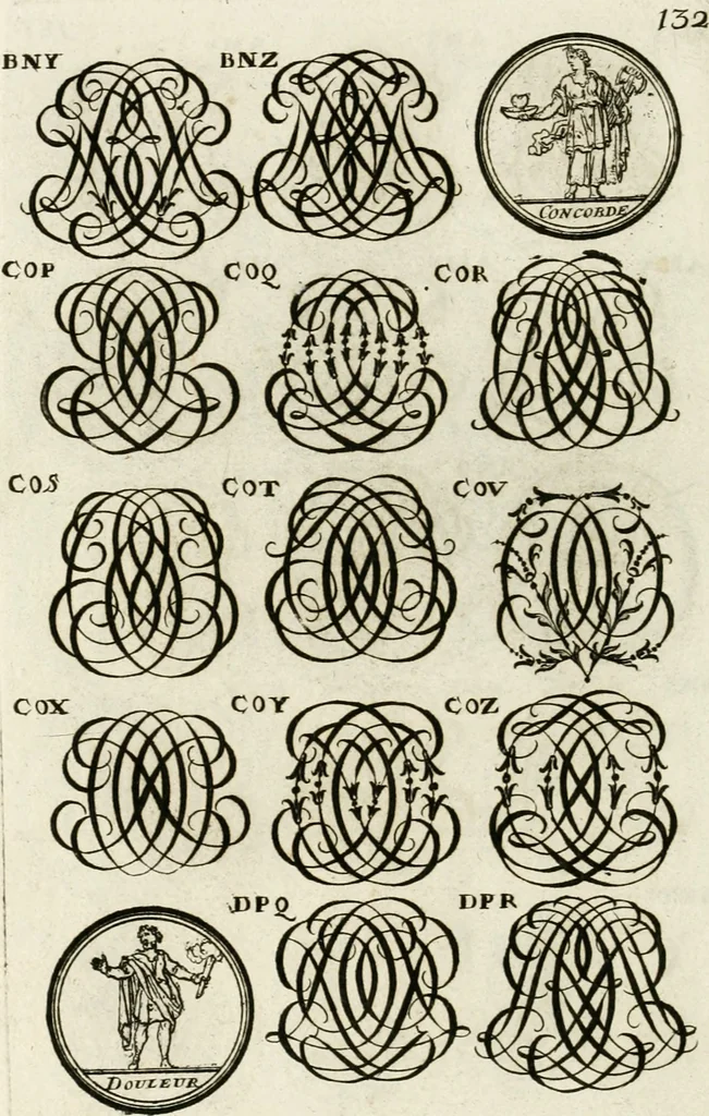 An illustration from Livre curieux et utile pour les sçavans et artistes : composé de trois alphabets de chiffres simples, doubles & triples, fleuronnez et au premier trait : accompagné d'un tres grand nombre de devises, emblêmes, médailles et autres figures hieroglyfiques : ensemble de plusieurs supports et cimiers pour les ornemens des armes : avec une table tres ample par le moyen de laquelle on trouvera facilement tous les noms imaginables, 1685, leaf 291