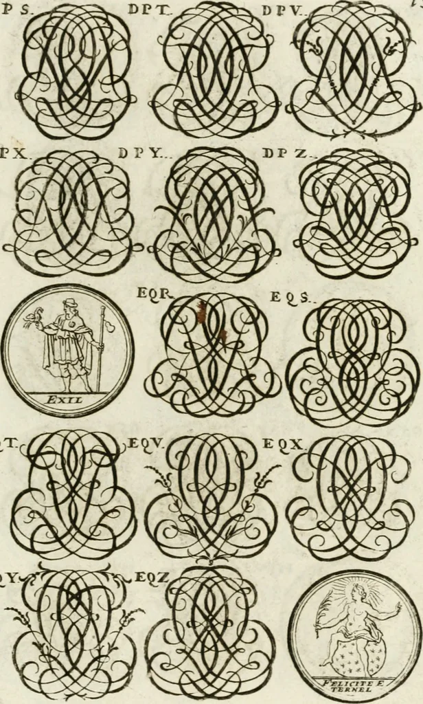 An illustration from Livre curieux et utile pour les sçavans et artistes : composé de trois alphabets de chiffres simples, doubles & triples, fleuronnez et au premier trait : accompagné d'un tres grand nombre de devises, emblêmes, médailles et autres figures hieroglyfiques : ensemble de plusieurs supports et cimiers pour les ornemens des armes : avec une table tres ample par le moyen de laquelle on trouvera facilement tous les noms imaginables, 1685, leaf 292