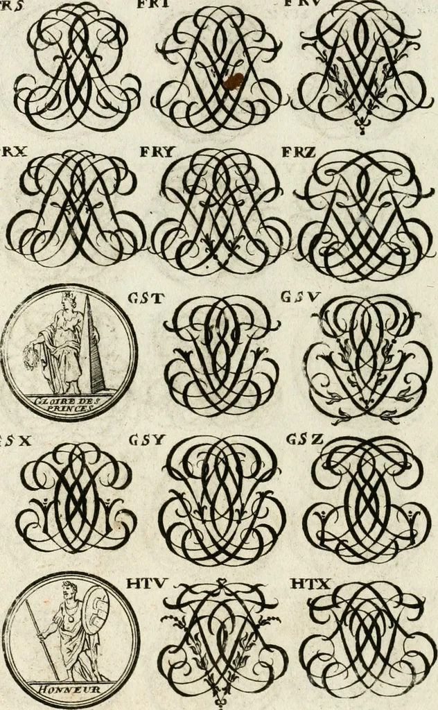 An illustration from Livre curieux et utile pour les sçavans et artistes : composé de trois alphabets de chiffres simples, doubles & triples, fleuronnez et au premier trait : accompagné d'un tres grand nombre de devises, emblêmes, médailles et autres figures hieroglyfiques : ensemble de plusieurs supports et cimiers pour les ornemens des armes : avec une table tres ample par le moyen de laquelle on trouvera facilement tous les noms imaginables, 1685, leaf 293